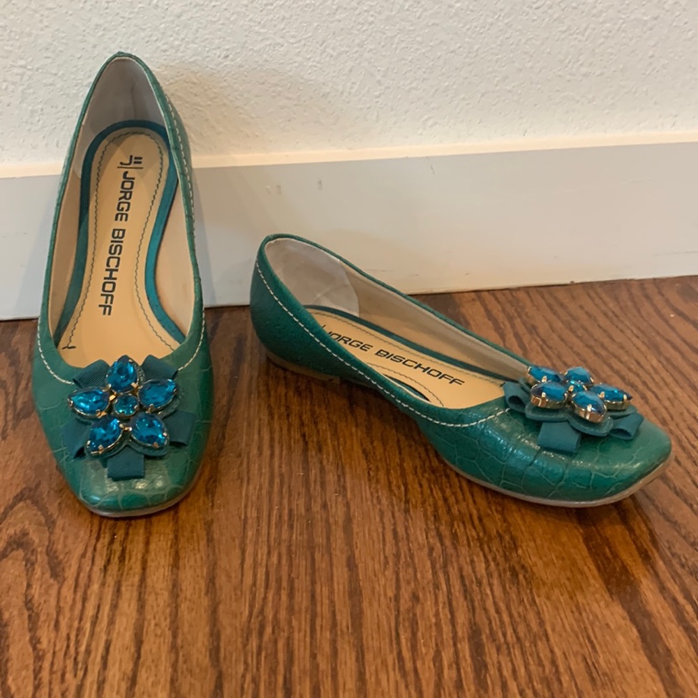 Jorge Bischoff Teal Green Embossed Leather with Beaded Floral Toe Flats, Sz 7